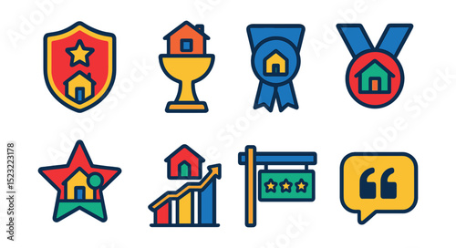 Flat vector icons of real estate awards and achievements: top agent badge, sold fastest trophy, most viewed property ribbon, listing excellence medal, neighborhood expert star, real estate milestone