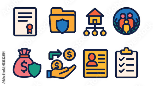 Flat vector icons of legacy and estate insurance: will document icon, inheritance folder with shield, estate planning chart, family legacy badge, trust fund protection, wealth transfer symbol,