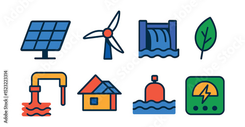 Flat vector icons of green energy sources: solar panel icon, wind turbine blade, hydroelectric dam, geothermal power pipe, bioenergy leaf, rooftop solar grid, wave energy generator, clean power