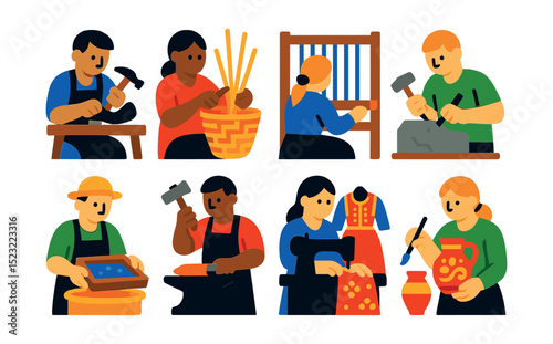 Flat vector icons of artisan and heritage labor: cobbler at workbench, basket weaver with reeds, loom weaver at frame, stone carver with chisel, papermaker with pulp, traditional metalworker, folk
