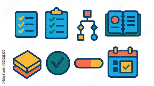 Flat vector icons of general workflow tasks: task list icon, clipboard with checkmarks, workflow chart, daily planner, sticky notes stack, completed task stamp, progress bar icon, to-do calendar.