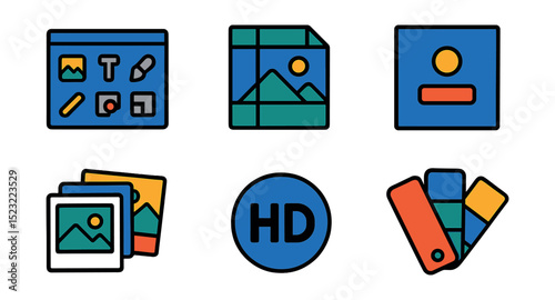 Flat vector icons of visual content and graphics: image edit toolbar, photo composition grid, vector illustration file, brand template symbol, stock photo collection, design thumbnail mockup,