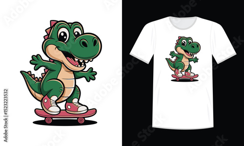 Cute cartoon green dinosaur on skateboard wearing sneakers, perfect for kids fun t-shirt design