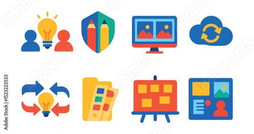 Flat vector icons of creative workflow collaboration: shared idea lightbulb, co-design badge, dual editing screen, creative sync cloud, concept feedback arrows, style guide folder, visual