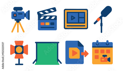 Flat vector icons of video content production: video camera on tripod, clapperboard icon, scene storyboard layout, microphone boom pole, lighting setup icon, green screen background, video export