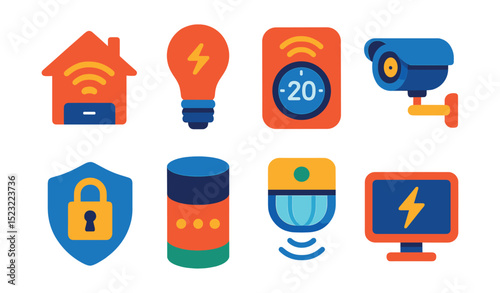 Flat vector icons of smart home infrastructure: home automation hub, smart light bulb, connected thermostat icon, home security camera, smart lock badge, voice assistant speaker, motion sensor,