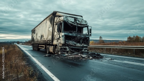 Severely damaged truck on highway after accident photo