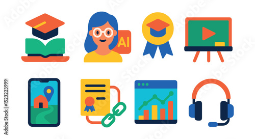 Flat vector icons of higher education innovation and technology: edtech platform logo, AI tutor avatar, digital credential badge, smart classroom screen, campus AR navigation, blockchain diploma