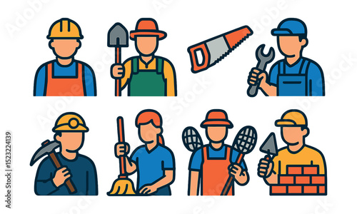 Flat vector icons of manual labor jobs: construction worker with helmet, farmer with shovel, carpenter with saw, mechanic with wrench, miner with pickaxe, cleaner with mop, fisherman with net,
