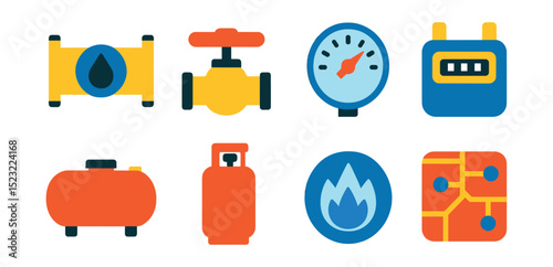 Flat vector icons of gas supply and infrastructure: natural gas pipeline, gas valve icon, pressure gauge dial, gas meter box, gas storage tank, liquefied gas cylinder, burner flame badge, gas