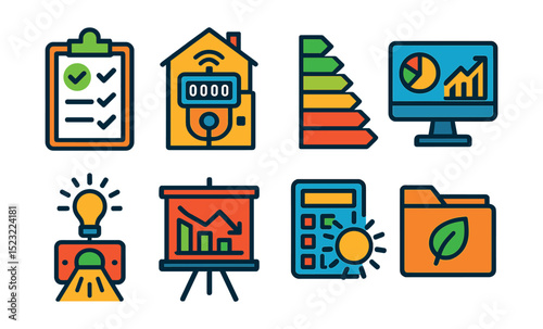Flat vector icons of energy efficiency and optimization: energy audit checklist, smart building meter, efficiency rating scale, power usage optimization dashboard, automated lighting controller,