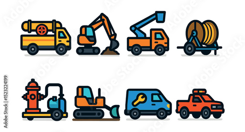 Flat vector icons of utility vehicles and machinery: gas pipeline maintenance truck, water main excavation digger, electric bucket crane truck, cable spool trailer, hydrant pressure pump, underground