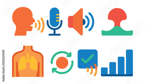 Flat vector icons of voice projection and sound: voice projection beam, microphone level meter, acoustic feedback icon, vocal range curve, resonance chest icon, diaphragm expansion graphic, echo