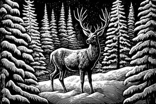 black and white sketch vector of a deer standing in a snowy pine forest under a calm sky