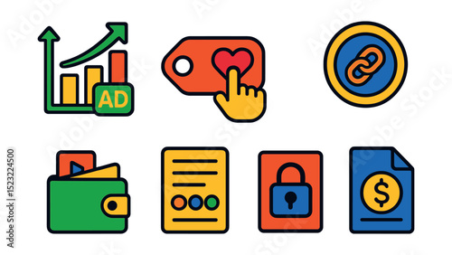 Flat vector icons of content monetization: ad revenue bar graph, paid partnership tag, donation button icon, affiliate link badge, creator fund wallet, subscription tier card, paywall lock icon,