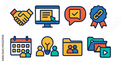 Flat vector icons of collaboration in content creation: co-creator handshake, shared draft screen, feedback note bubble, cross-promo link badge, editorial calendar team view, content collaboration