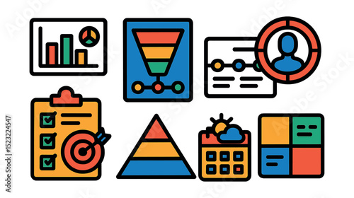 Flat vector icons of content strategy planning: quarterly content goal chart, engagement funnel board, editorial roadmap timeline, target audience profile, campaign goal tracker, message hierarchy