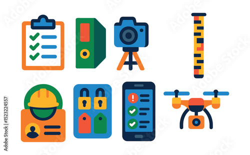 Flat vector icons of site supervision and inspection: site inspection checklist, construction logbook file, project camera tripod, level gauge rod, inspector’s helmet badge, safety tag station, issue