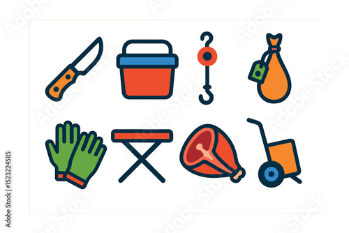 Flat vector icons of field dressing and game transport: skinning knife icon, meat cooler box, deer hoist rope, game bag with tag, field gloves, portable butcher table, quartered meat symbol, game