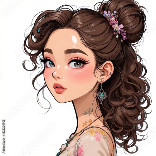 Girl With Long Hair And Earrings Illustrated With Cheerful Expression, Set Against Vibrant Backdrop.eps