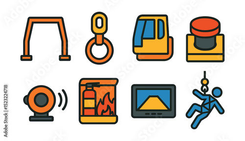 Flat vector icons of safety systems in construction machinery: rollover protection structure, safety harness anchor, operator cabin shield, emergency stop button, backup alarm speaker, fire