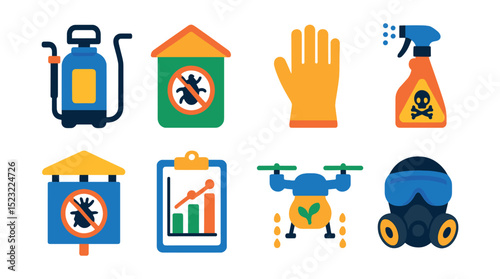 Flat vector icons of pesticide and crop protection: pesticide sprayer backpack, organic pest trap, protective glove icon, warning label spray bottle, pest monitoring station, disease control chart,