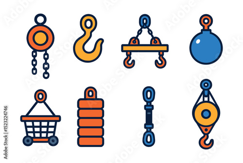 Flat vector icons of heavy lifting and rigging gear: chain hoist icon, lifting sling hook, load spreader beam, crane ball weight, mobile rigging basket, counterweight stack, turnbuckle tool, hoisting
