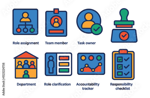 Flat vector icons of workplace roles and responsibilities: role assignment icon, team member badge, task owner profile, manager approval stamp, department icon, role clarification chart,