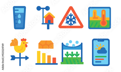 Flat vector icons of agricultural weather and climate tools: rainfall gauge icon, farm weather station, frost warning symbol, crop temperature map, wind direction vane, drought condition chart, hail