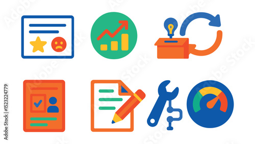 Flat vector icons of feedback and improvement loop: feedback card icon, improvement chart badge, suggestion box symbol, looped feedback arrows, post-project reflection icon, edit cycle sheet,