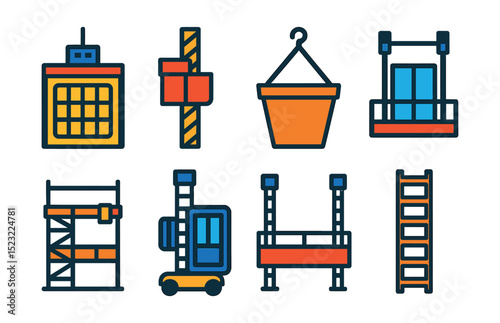 Flat vector icons of building lift systems: construction elevator cab, rack and pinion hoist, material hoist bucket, window installation lift, scaffold mounted hoist, vertical personnel lift, dual