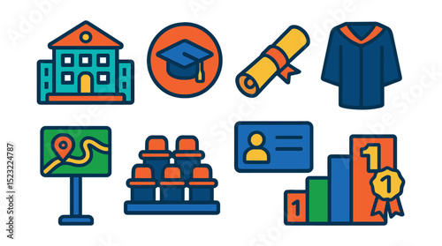 Flat vector icons of higher education essentials: university building icon, graduation cap badge, diploma scroll symbol, academic gown, campus map sign, lecture hall seating, student ID card,
