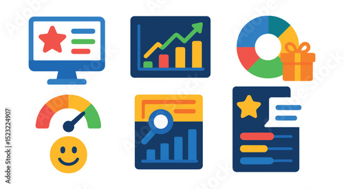 Flat vector icons of recognition reporting and analytics: recognition dashboard screen, impact report graph, rewards distribution pie chart, employee sentiment meter, recognition frequency chart,