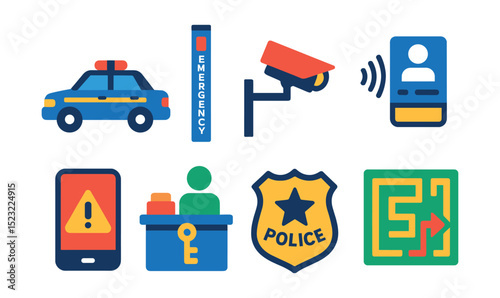 Flat vector icons of campus safety and security: campus patrol car icon, emergency call station, security camera on pole, ID badge scanner, emergency alert text message, lost and found desk, campus