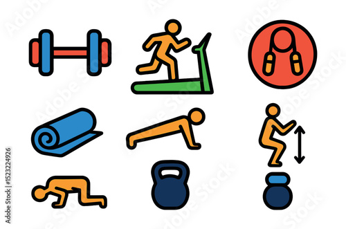 Flat vector icons of physical training sessions: gym dumbbell icon, running treadmill symbol, fitness coach whistle, jump rope badge, yoga mat roll, push-up position figure, squat form diagram,