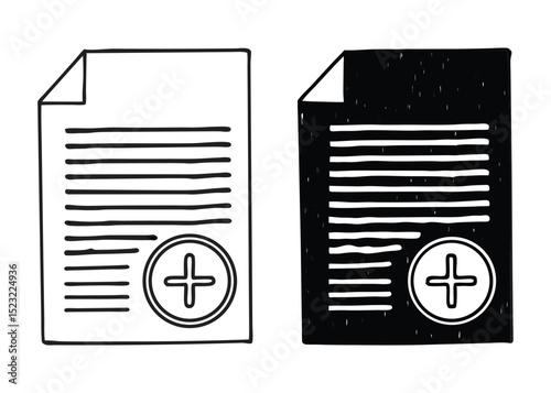 Document Icons, plus sign symbol in black and white
