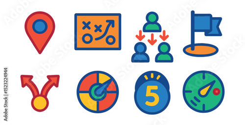 Flat vector icons of gaming strategy and planning: map ping marker, strategy board sketch, team formation arrows, objective capture icon, split push diagram, loadout selection wheel, cooldown timer