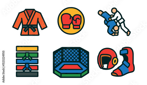 Flat vector icons of martial arts and combat training: karate gi icon, boxing gloves badge, kickboxing pad, judo throw pose, taekwondo belt chart, MMA cage drill, dojo training mat, sparring gear kit