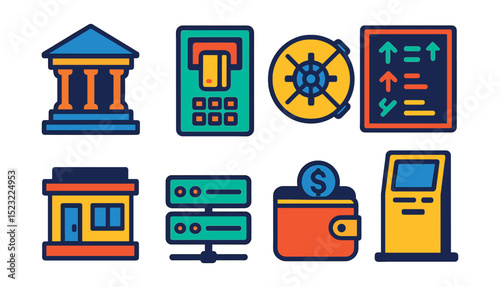 Flat vector icons of financial infrastructure: bank building icon, ATM terminal, currency vault door, stock exchange board, credit bureau office, payment processing server, digital wallet hub,