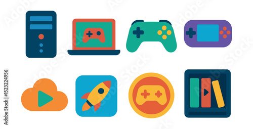 Flat vector icons of gaming platforms and ecosystems: PC tower case, gaming laptop icon, console controller, handheld gaming device, cloud gaming stream, game launcher app, platform badge symbol,
