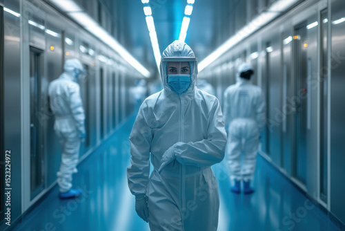 Man in white suit and mask walks down hallway.