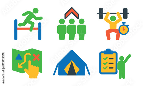 Flat vector icons of military and tactical training: obstacle course symbol, marching formation badge, rifle drill stance, combat fitness test icon, tactical map briefing, training exercise tent,