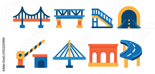 Flat vector icons of bridge and tunnel infrastructure: suspension bridge icon, railway bridge structure, pedestrian overpass, underpass tunnel entrance, drawbridge with control arm, cable-stayed
