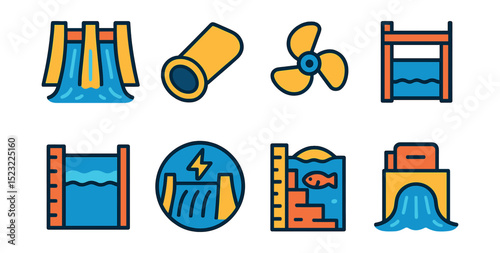 Flat vector icons of hydroelectric and dam systems: dam wall with water flow, penstock pipe icon, turbine blades symbol, dam safety gate, reservoir water level meter, hydro power plant badge, fish