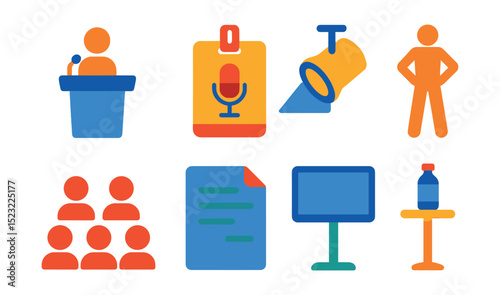 Flat vector icons of public speaking essentials: speaker at podium icon, microphone badge, stage spotlight symbol, confident posture figure, audience seating view, speech script file, teleprompter