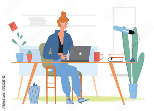 Student working at home vector illustration. Cartoon happy girl character studying and doing homework, young cute woman sitting at desk with laptop in room interior, home online education background
