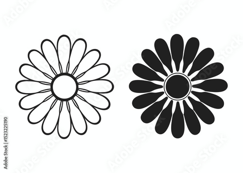 Daisy flower icons in monochrome, hollow vs solid petals