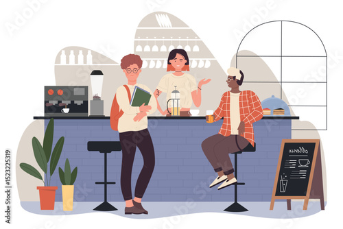 People on bar pub vector illustration. Cartoon woman bartender character working in coffeehouse, standing at bar counter, barista making hot coffee for clients, happy guys friends meeting background