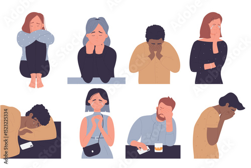 Depressed people vector illustration set. Cartoon sad unhappy stressed characters crying, lonely anxious man woman with mental emotional problem, anxiety stress depression emotion isolated on white