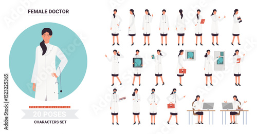 Doctor or nurse female character poses vector illustration set. Cartoon doctor medical professional staff with stethoscope and emergency bag posing in work, medicine profession poses isolated on white